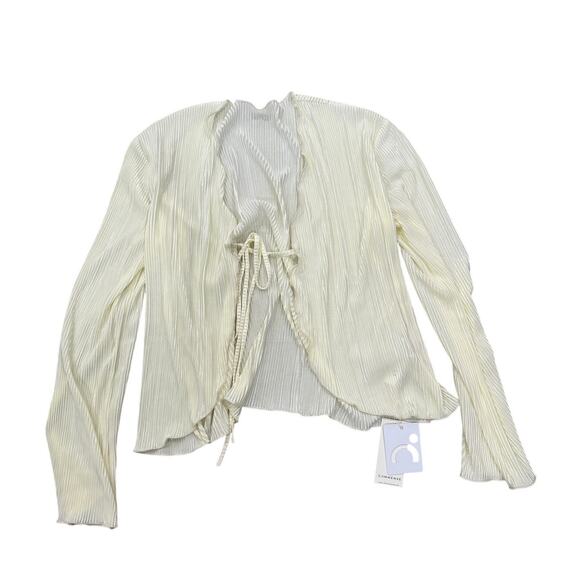Commense Textured Ruffle Trim Tie Flowy Cream Blouse L NWT - Picture 4 of 4